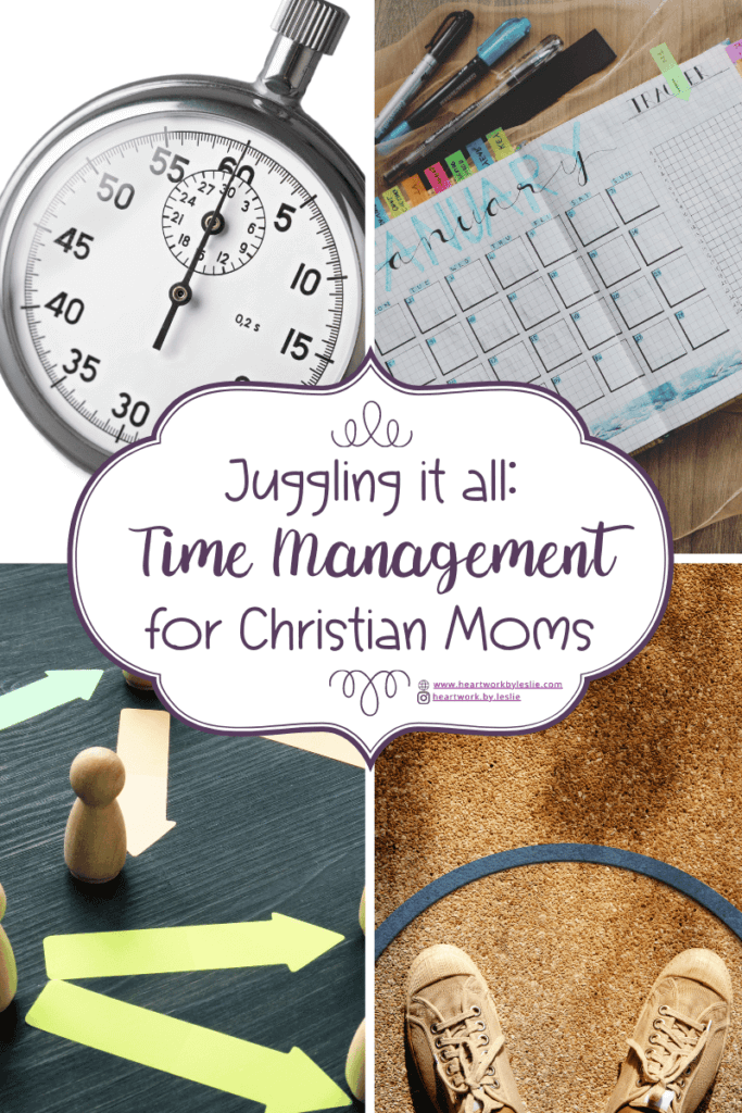 4 blocks (top left clockwise): stopwatch, planner, feet in a circle, arrows pointing away from a person; "Juggling It All: Time Management for Christian Moms"