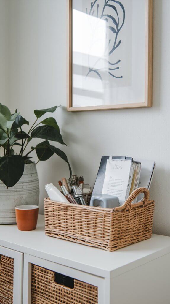 wicker basket on a table with all the supplies for a War Room on a budget inside it