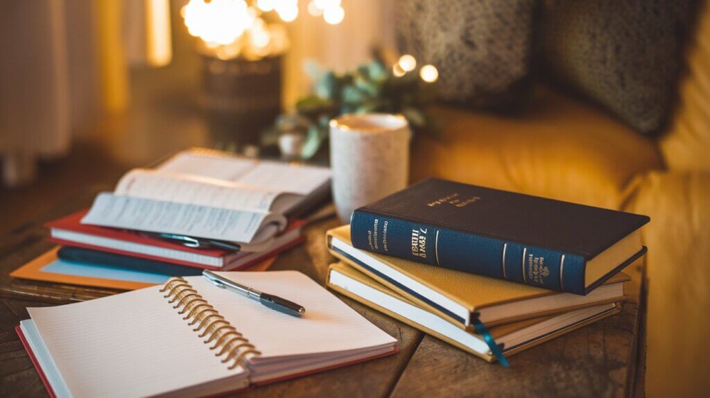 Bibles, notebooks, and candles with writing supplies on a desk