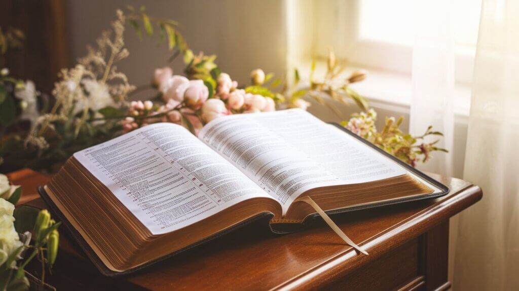 open Bible on a brown table with pink flowers blooming behind it; light coming in through the window; Bible Journaling Aesthetic