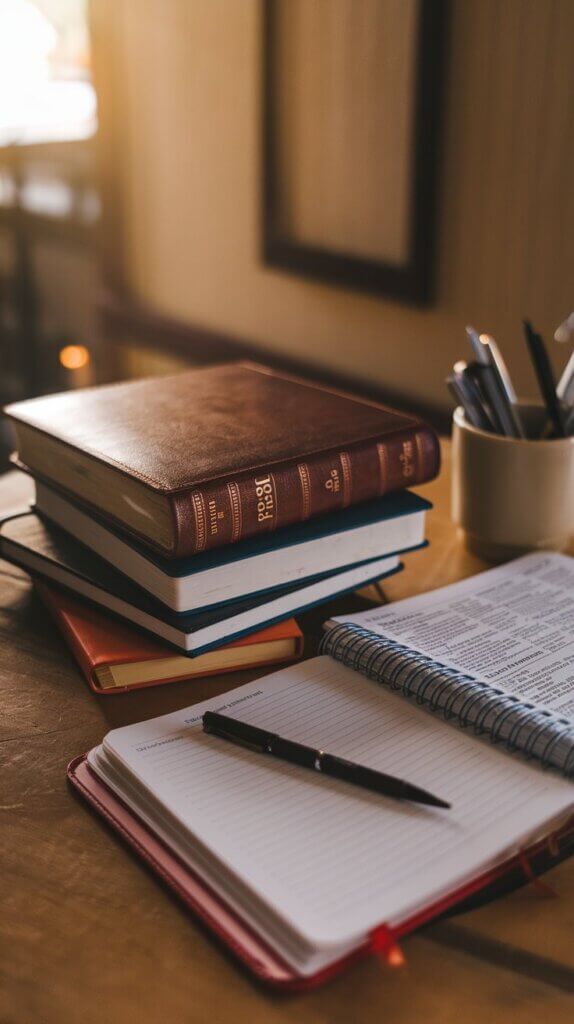 Stack of Bibles and notebooks; Bible study elements on a table