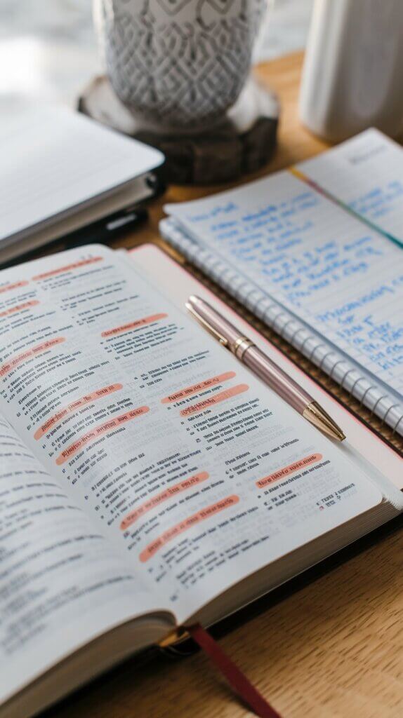 Open Bible with highlighting on a table with a journal; Elements of Bible Study