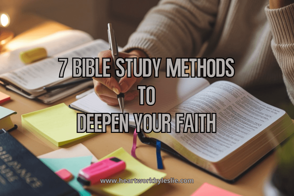 Woman with Bible study supplies on a table; Bible study methods