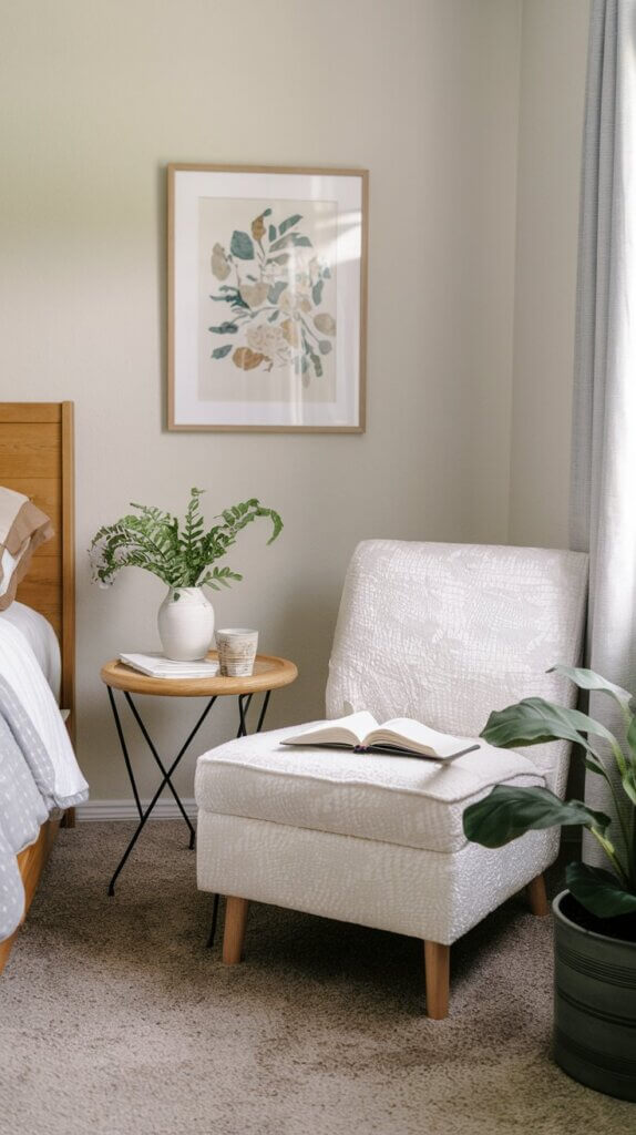 neutrally colored room with a bed, chair, and table with greenery; War Room on a budget because you have the things already