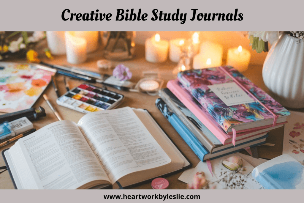 Books, journals, and art supplies on a well lit desk with candlelight as an accent; Creative Bible Study Journals