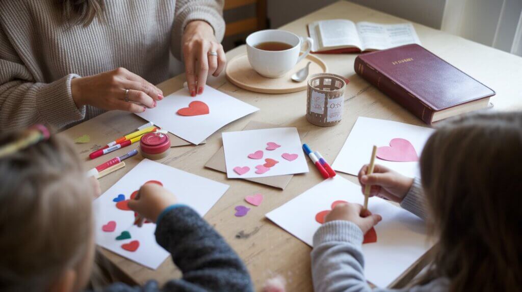 Mom and kids making DIY Christian Valentine's Day Cards at a table