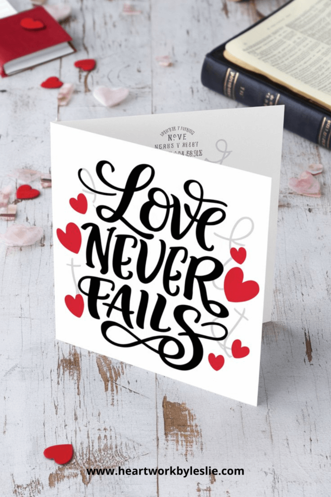 Love never Fails in script with red hearts on DIY Valentine's Day Cards