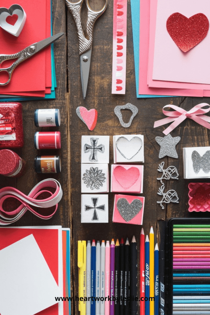 DIY Christian Valentine's Day Cards supplies on a brown wooden table