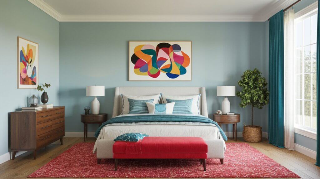 A bedroom painted in soft shades of blue, with a vibrant red accent rug and a colorful abstract painting on the wall; Family Time Aesthetic