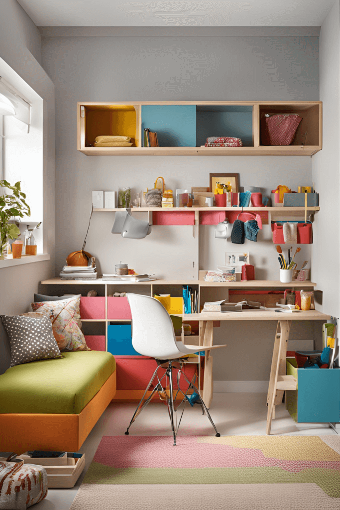 Family Time Aesthetic; colorful furniture in a room with shelves on the wall; fluffy rug on the floor