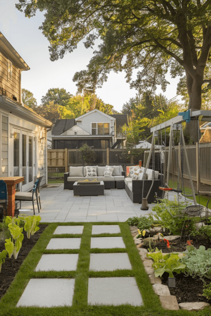 Family Time Aesthetic; outdoor oasis; outdoor seating; child's swingset