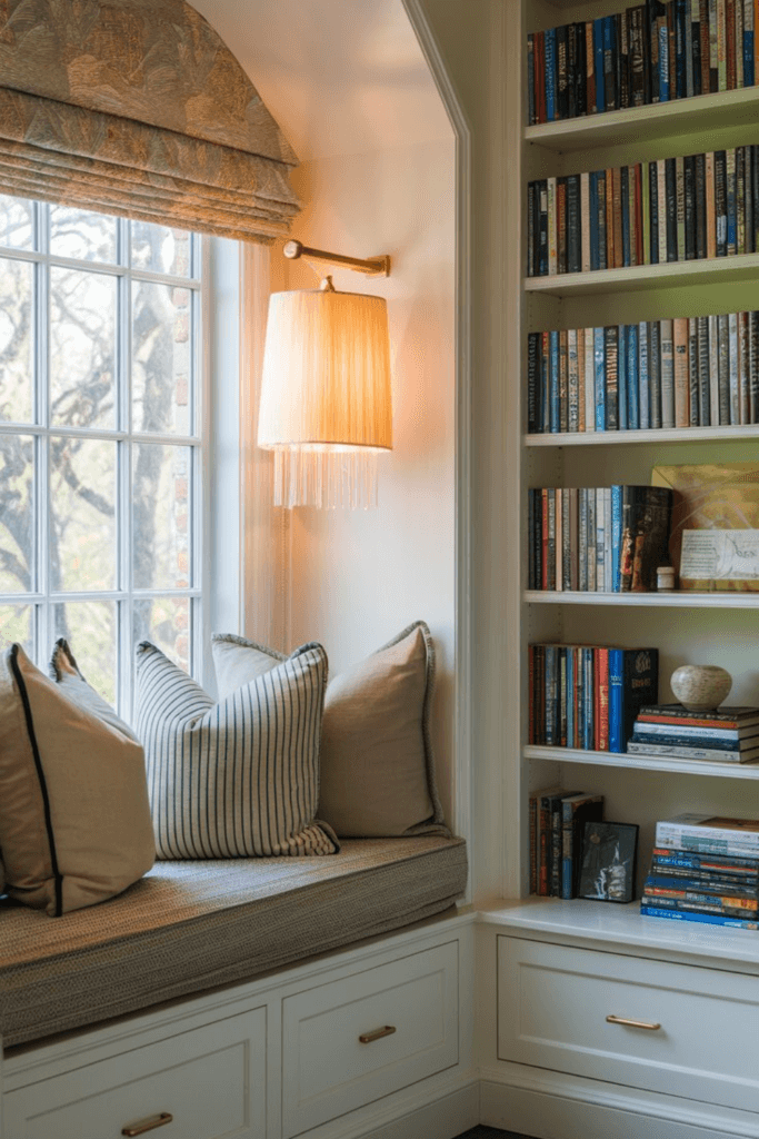 Family Time Aesthetic; cozy book nook; soft pillows on a window seat; book light on the wall for evening reading; books on the shelves