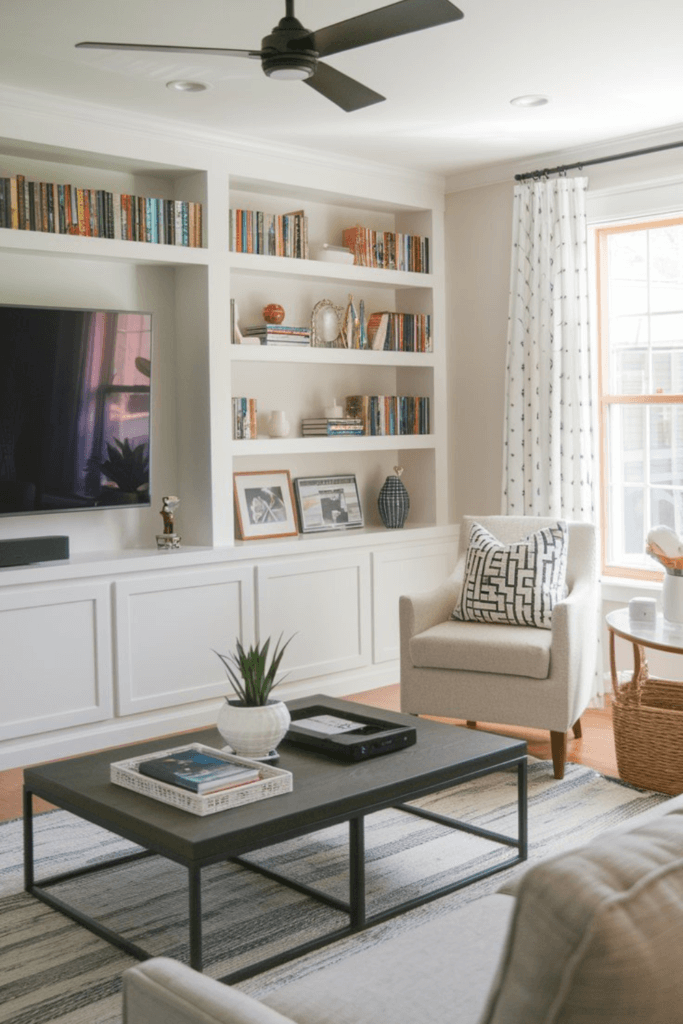 Family Time Aesthetic; family tech area with a TV and computer and books