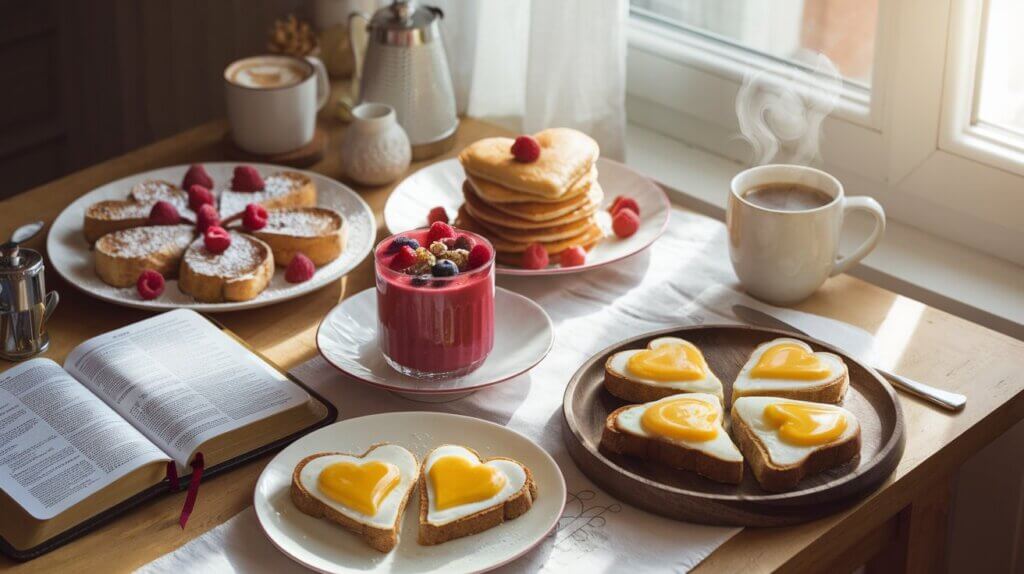 Breakfast table set with heart-shaped, Valentine's Day-themed breakfast ideas