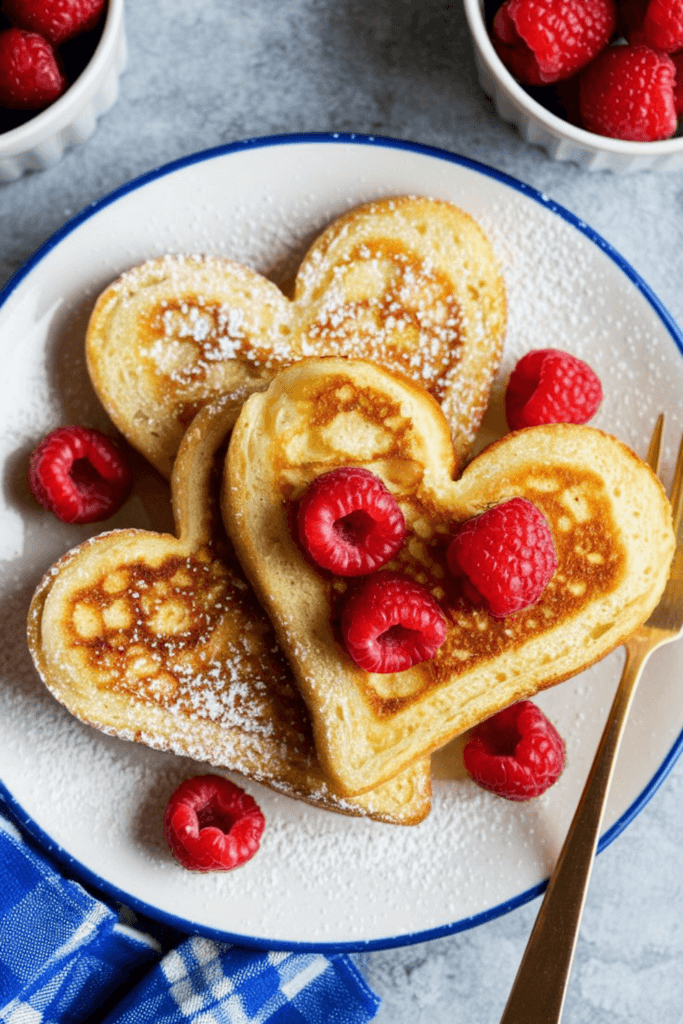 heart-shaped french toast with red berries on a white plate