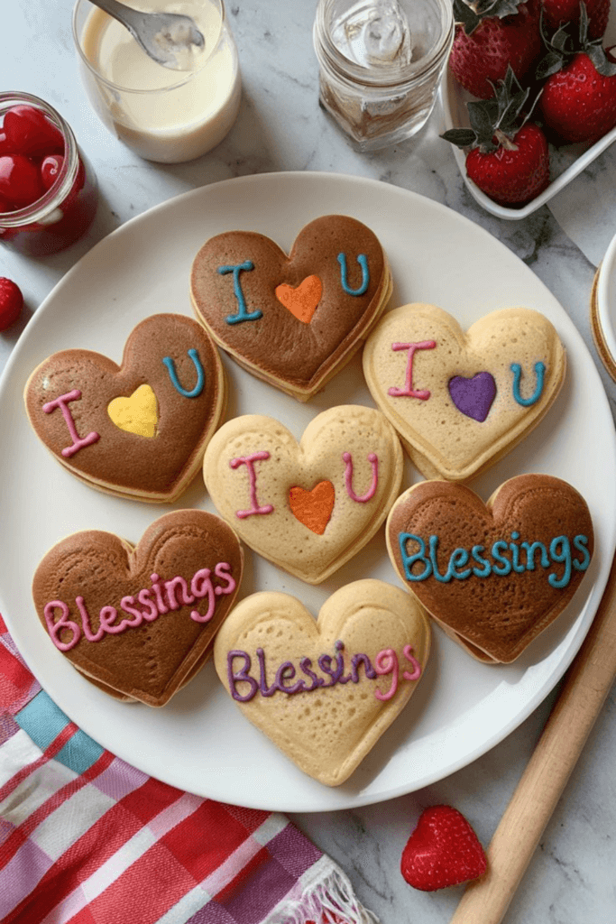 heart-shaped pancakes with colorful messages of I love you and blessings written in them. 