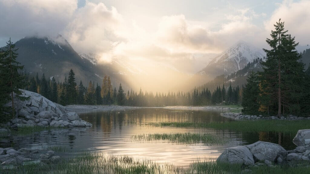 Serene scene of mountains and lake; names of God and their meaning