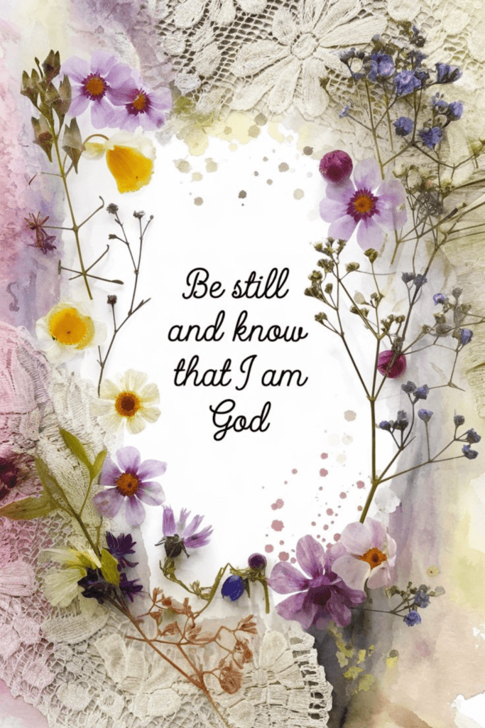 "Be still and Know I am God" written in script on a page with florals and lace; Bible Journaling Aesthetic 