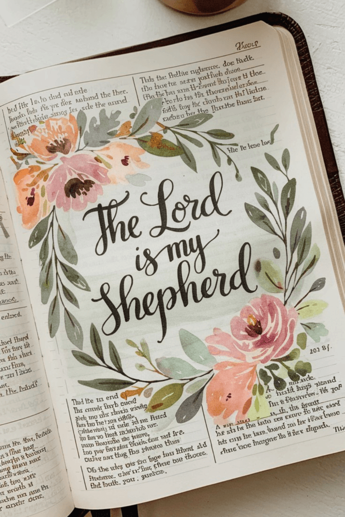 Bible page with "The Lord is my Shepherd" written in script with florals drawn around it; Bible Journaling Aesthetic