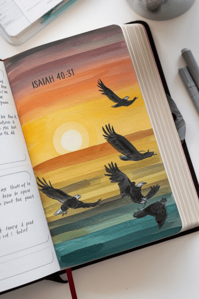 Isaiah 40:31 illustrated in paint on a Bible Page; Bible Journaling Aesthetic