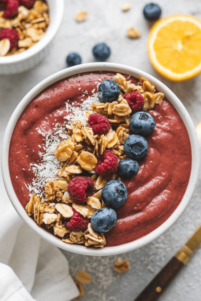 red velvet smoothie with blueberries and granola; Valentine's Day themed breakfast ideas