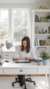 Woman of God doing Bible Study in a well light office space