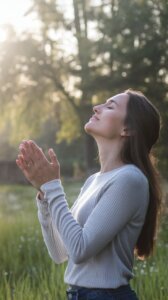 Woman of God praying in an serene outdoor setting