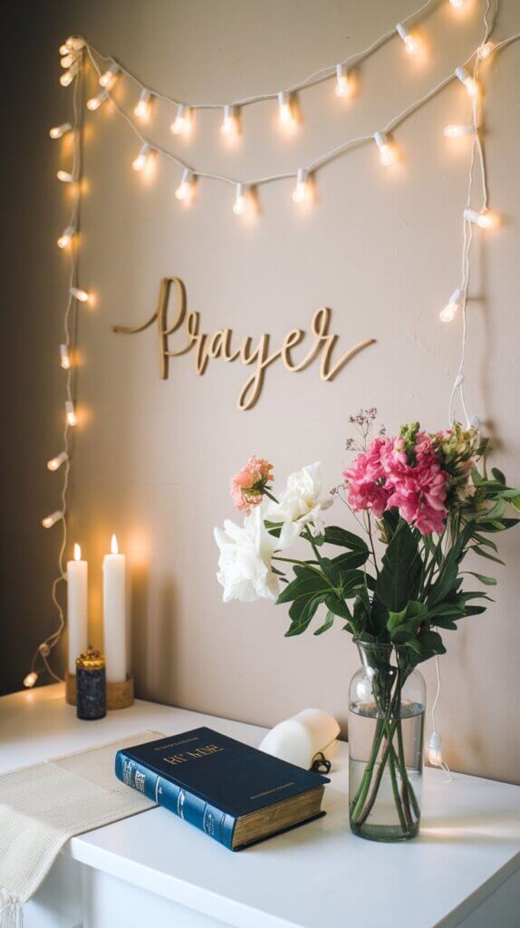 string of twinkle lights hanging on the wall over a desk with the word PRAYER on the wall in script; War Room on a budget because it's a desk you already have 