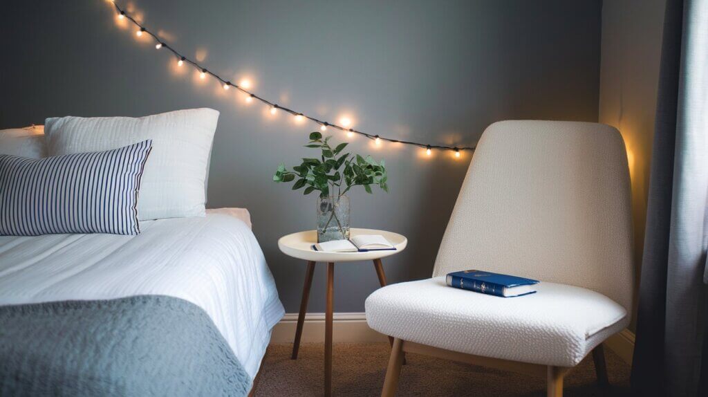 cozy corner of bedroom with a chair, table, and greenery used as a War Room on a budget