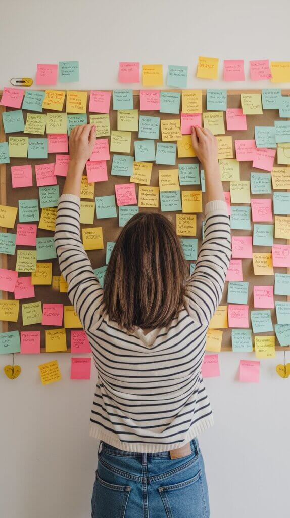 woman standing in front of a War Room on a budget--a wall of Post-it notes with prayers written on it. 