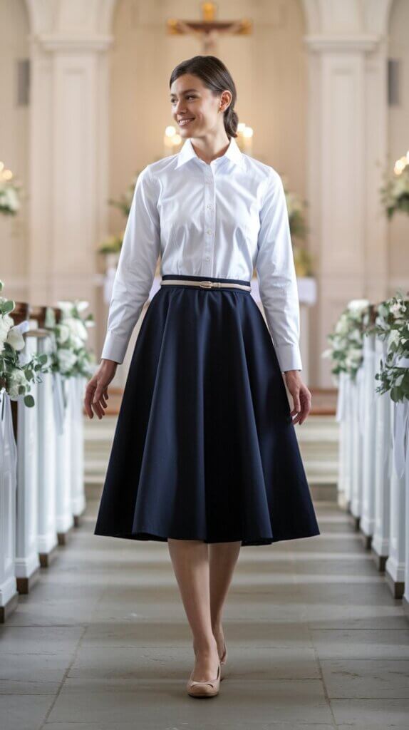 button-up shirt; a-line skirt; church outfit for women