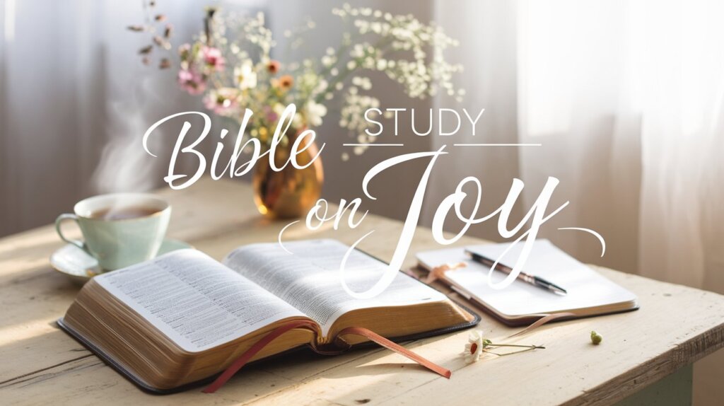 Bible Study on Joy; Bible Open on a Table with White Curtains, Yellow Floral Arrangement, and hot Coffee.