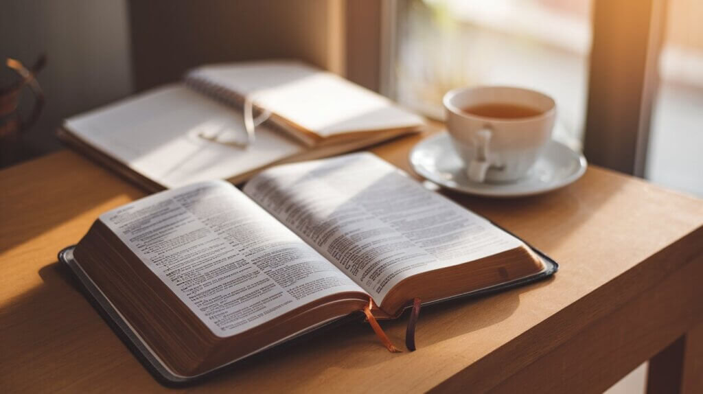 Bible Study on Love; flat lay of Bible on a table with a notebook and a coffee