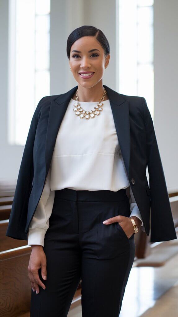 tailored blazer; tailored pants; white blouse; church outfit for women