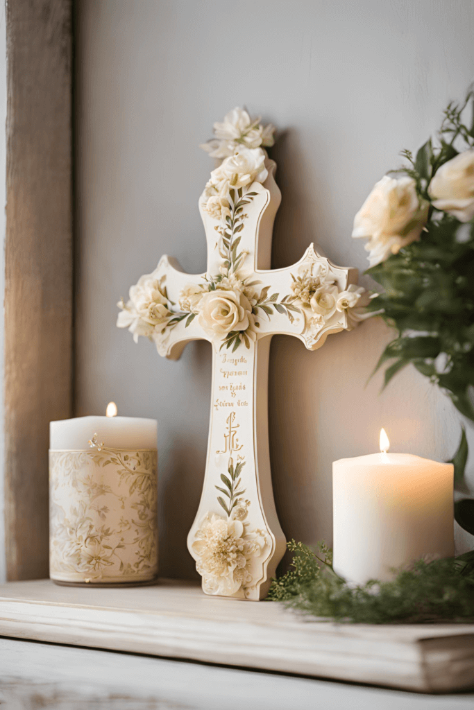 decorative cross display with flowers and candles; DIY War Room decor; 