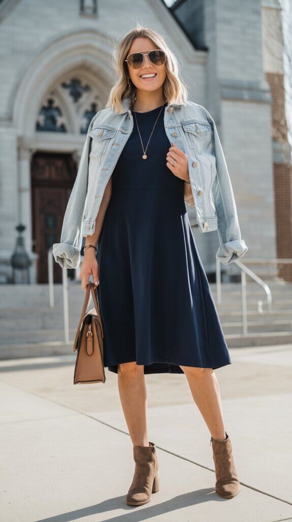 modest dress; denim jacket; short boots; purse; church outfit for women