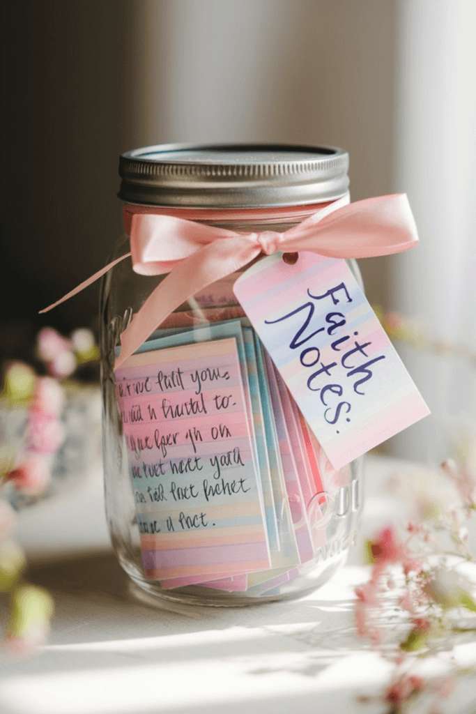 DIY War Room decor; jar with Faith Notes; papers of prayers and requests