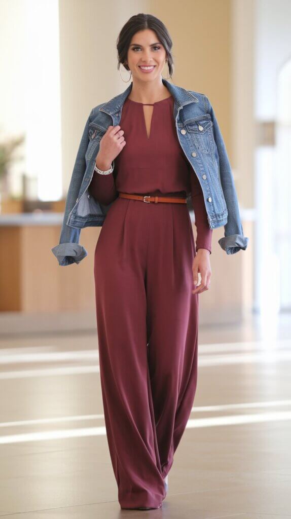 burgundy jumpsuit; denim jacket; church outfit for women