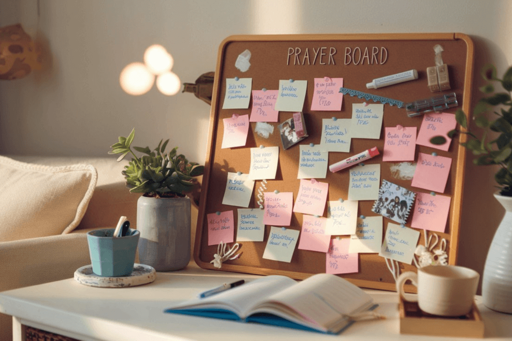 Make a prayer board; cork board with sticky notes an open Bible on the table