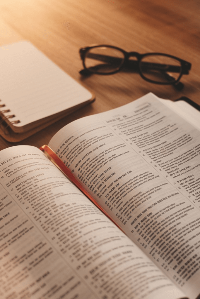 Starting to Study the Bible--Open Bible on a Table with a Notebook and Glasses beside it