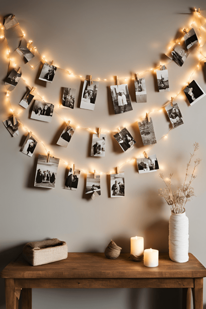 pictures on a lit up strand of lights; reminders of prayers to pray and prayers answered; DIY War Room decor; 