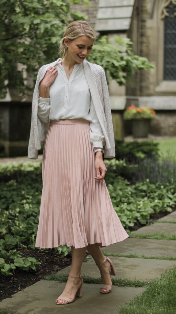 pleated skirt; sweater; blouse; church outfit for women 