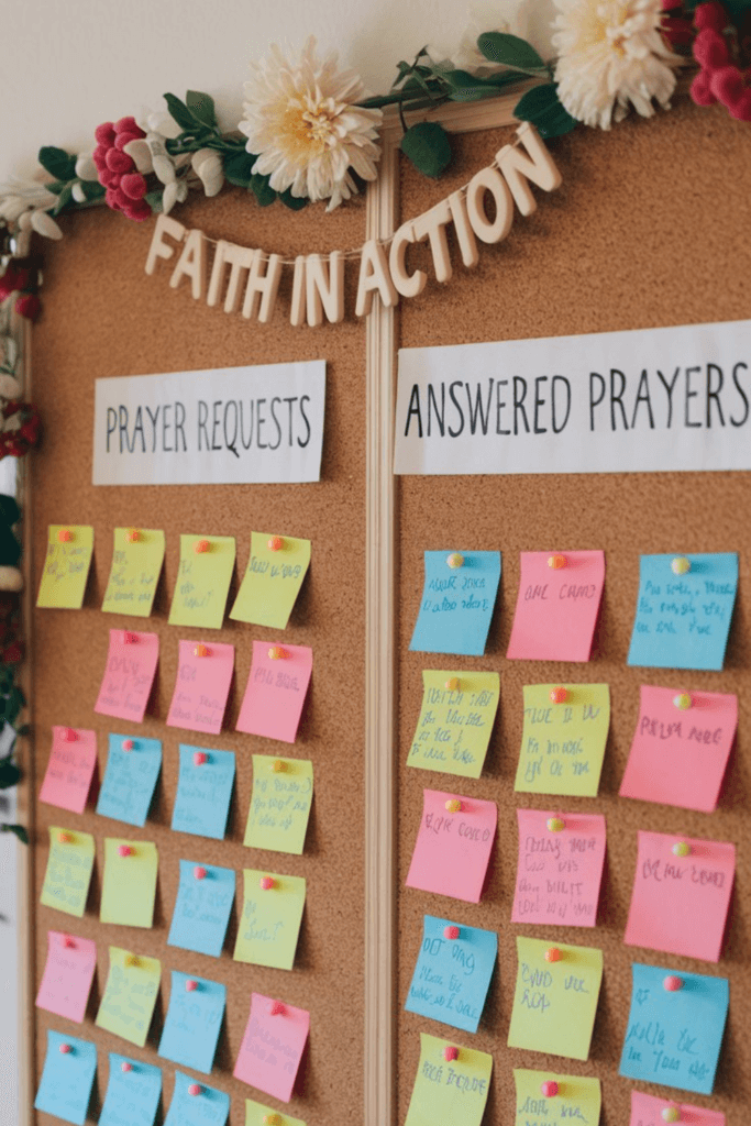 cork board with posit-it notes of prayers and requests, DIY War Room decor; 