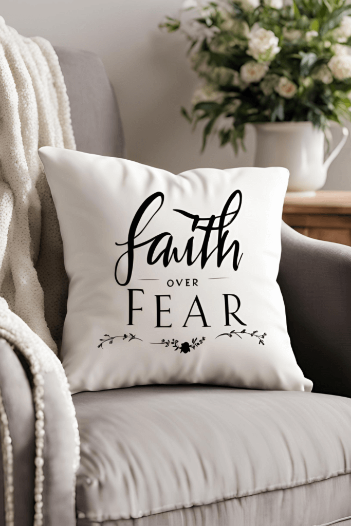 DIY War Room decor; pillow with a scripture or motivation printed on it