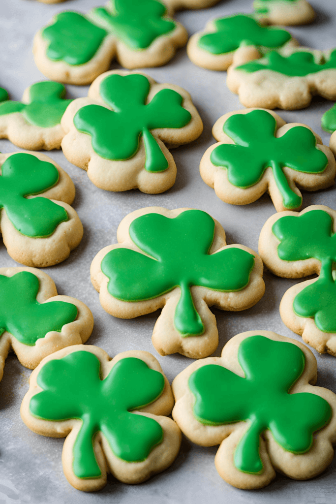 shamrock shaped sugar cookies with green icing; St. Patrick's Day dessert ideas