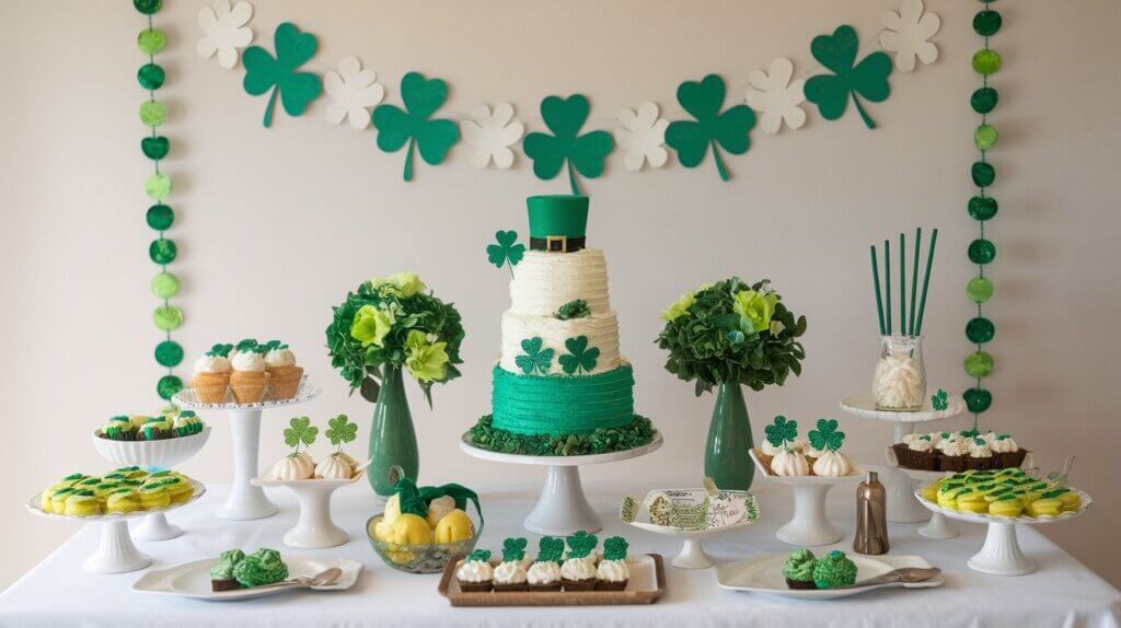 St. Patrick's Day dessert ideas; green and white and gold tablescape of desserts