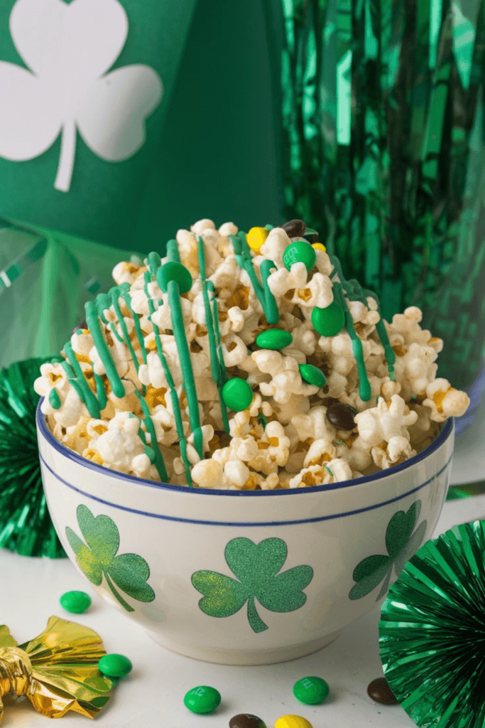 popcorn with green chocolate and green and yellow m&ms; St. Patrick's Day dessert ideas
