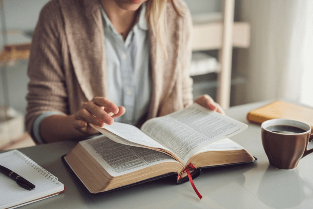 Starting to study the Bible; woman studying the Bible at a table