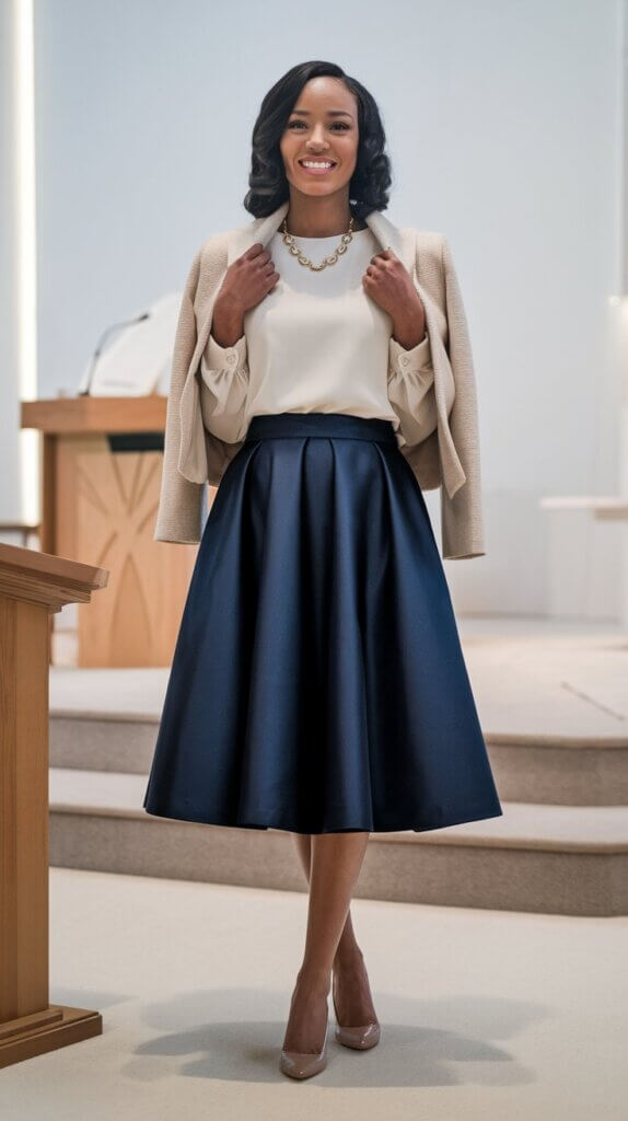 navy blue skirt, white shirt, blazer; church outfit for women