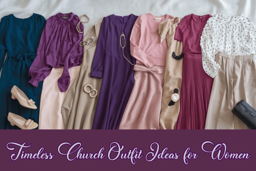 Church outfit for women; flat lay of many possible outfits